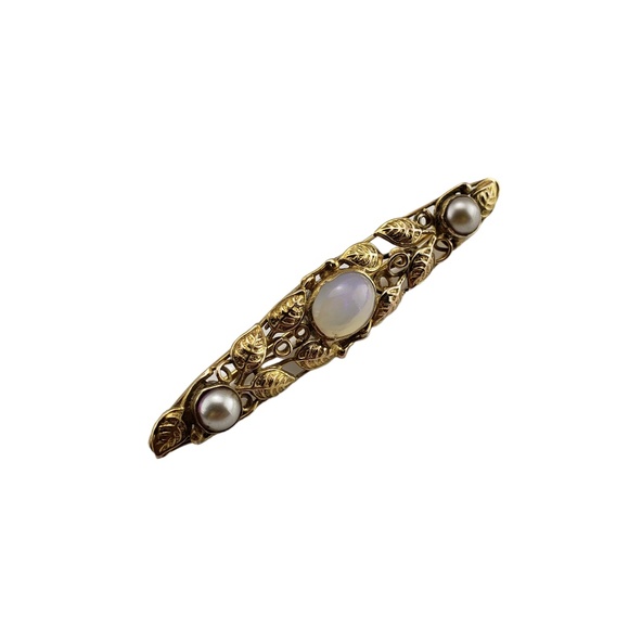 Vintage 10 Karat Yellow Gold Moonstone and Pearl Brooch/Pin #13333 - Picture 2 of 7